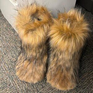 🆕Women Natural Faux Fur Winter Warm Knee High Flat Heel Fluffy  Snow Fur Boots